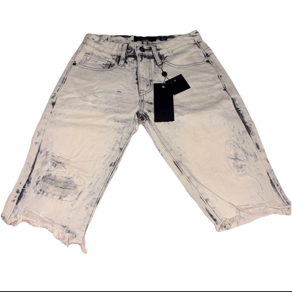 Frost Gray Jean Shorts with Distressed Details and Raw Hems
